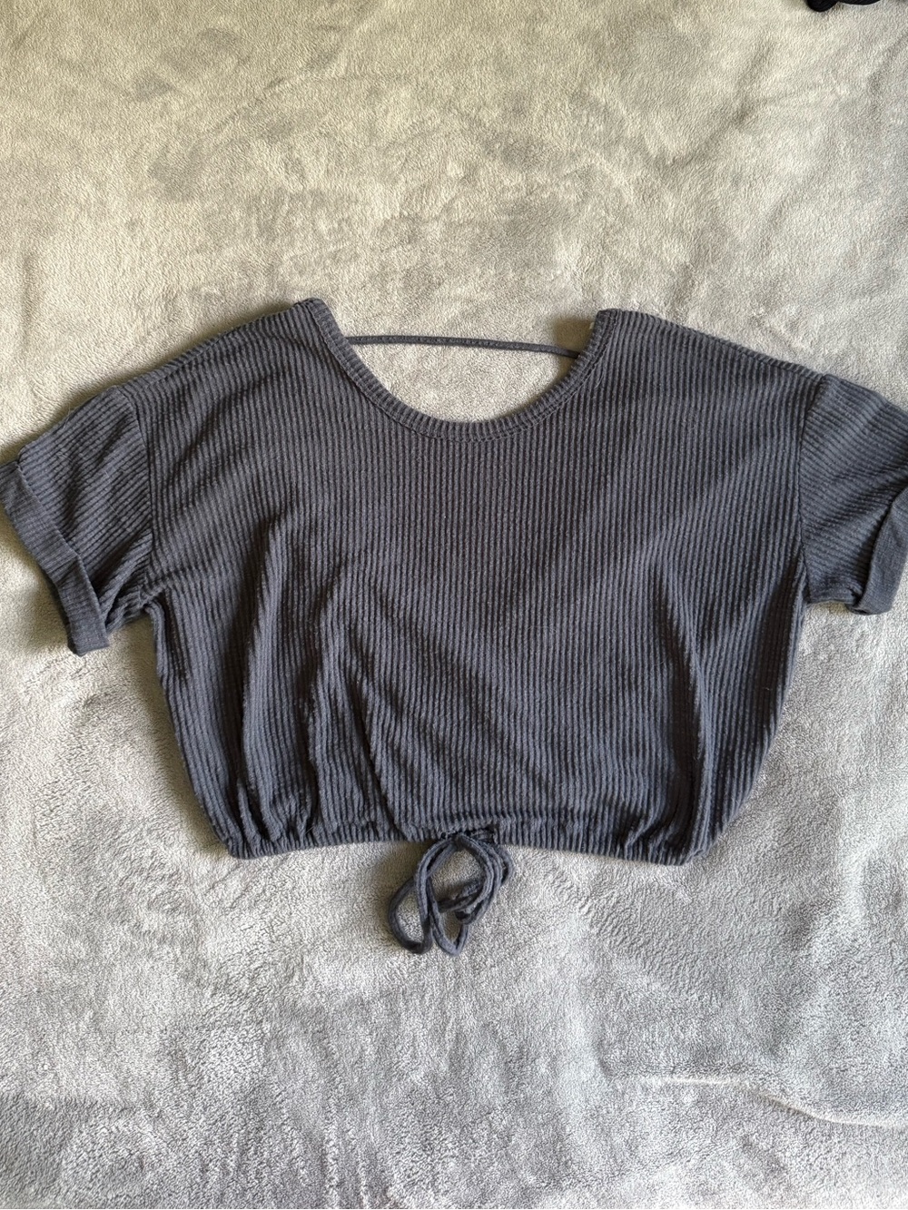Cropped Ribbed Drawstring Top in Charcoal Gray